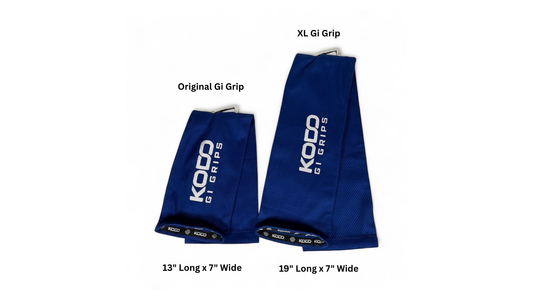 Blue Kodo Gi Grip with embroidered logo, featuring a custom aluminum carabiner attached to it used for martial arts such as BJJ and Judo and Grip Strength. These are premium Jiu Jitsu Grip trainers and Judo Grip Trainers.