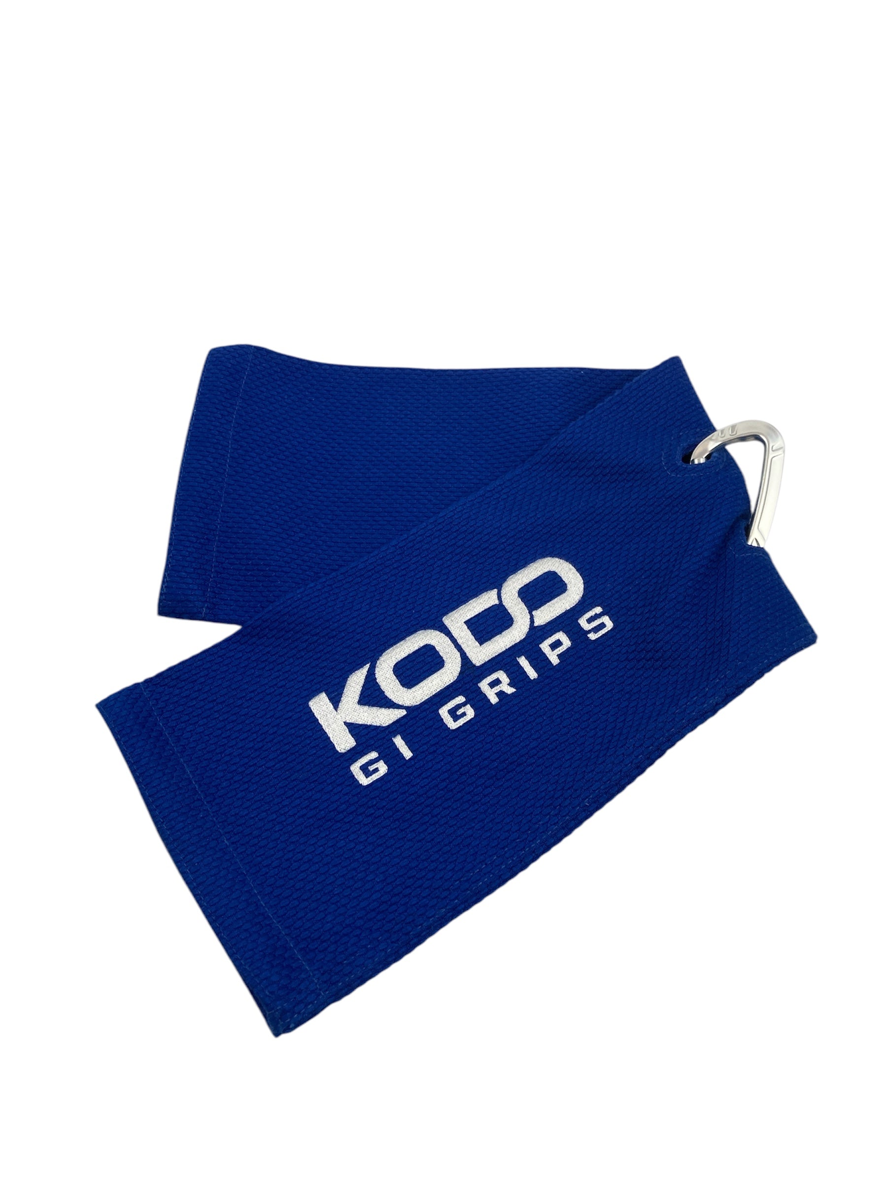 Blue Kodo Gi Grip with embroidered logo, featuring a custom aluminum carabiner attached to it used for martial arts such as BJJ and Judo and Grip Strength. These are premium Jiu Jitsu Grip trainers and Judo Grip Trainers.