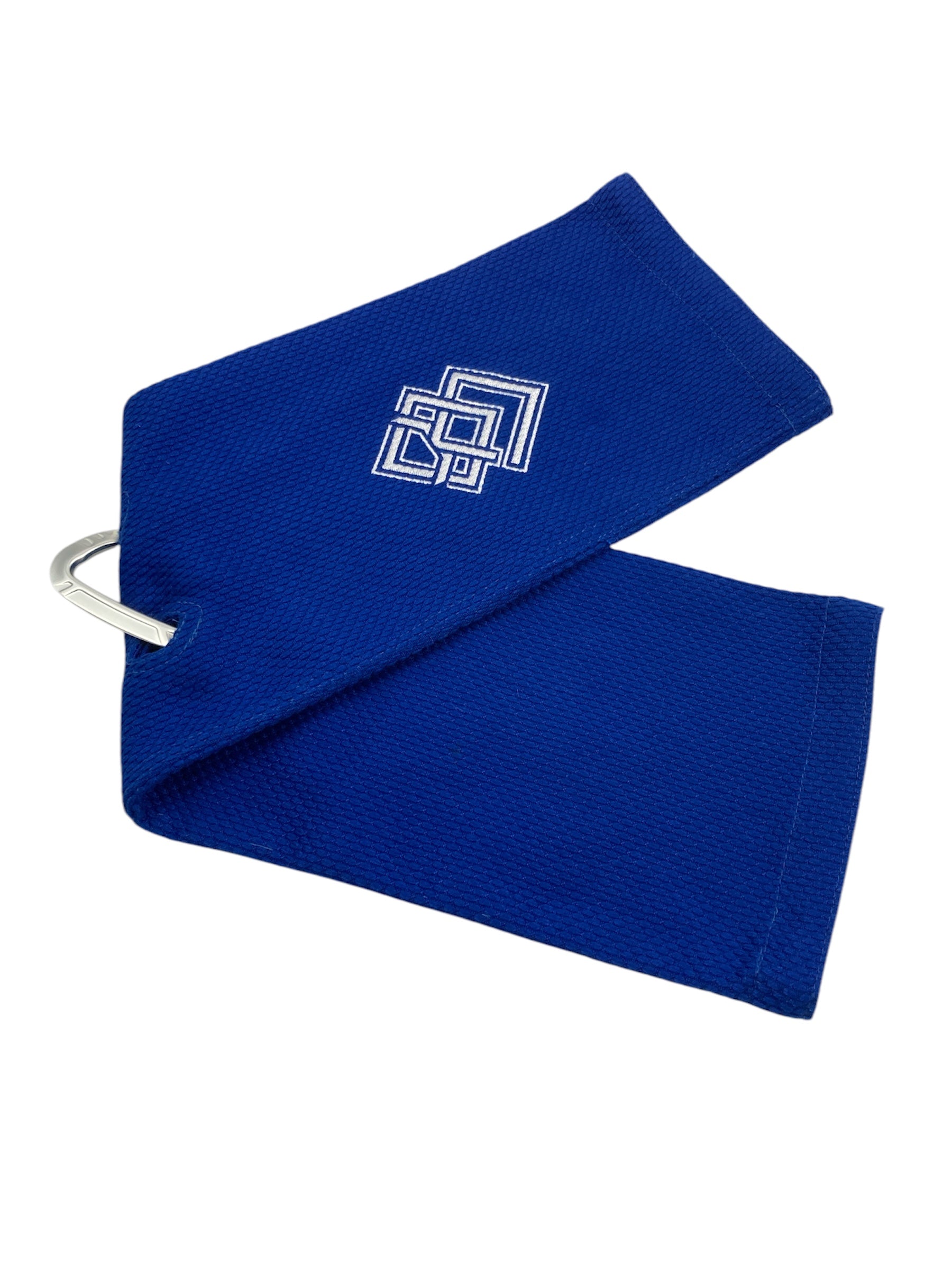 Blue Kodo Gi Grip with embroidered logo, featuring a custom aluminum carabiner attached to it used for martial arts such as BJJ and Judo and Grip Strength. These are premium Jiu Jitsu Grip trainers and Judo Grip Trainers.