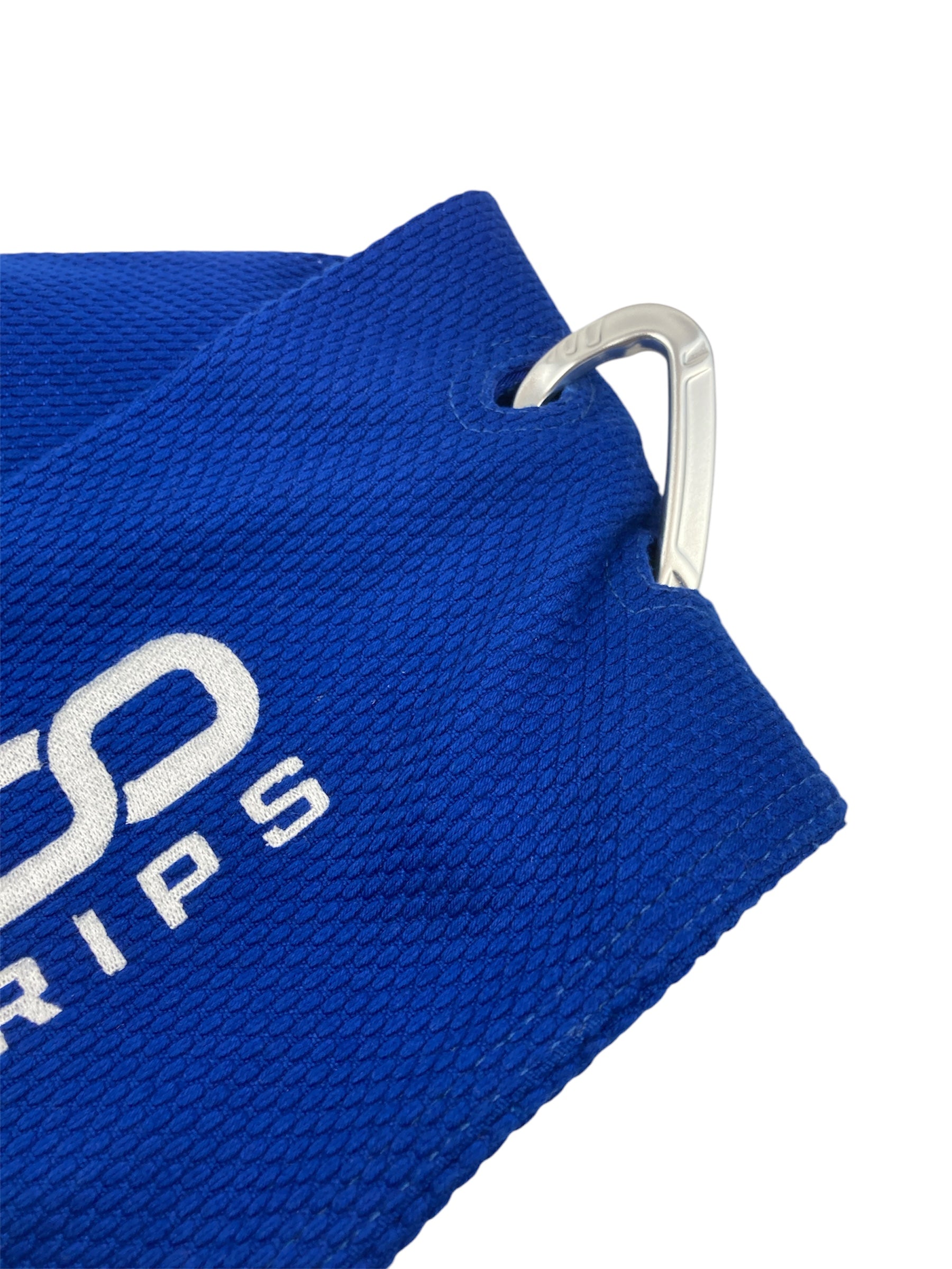 Blue Kodo Gi Grip with embroidered logo, featuring a custom aluminum carabiner attached to it used for martial arts such as BJJ and Judo and Grip Strength. These are premium Jiu Jitsu Grip trainers and Judo Grip Trainers.