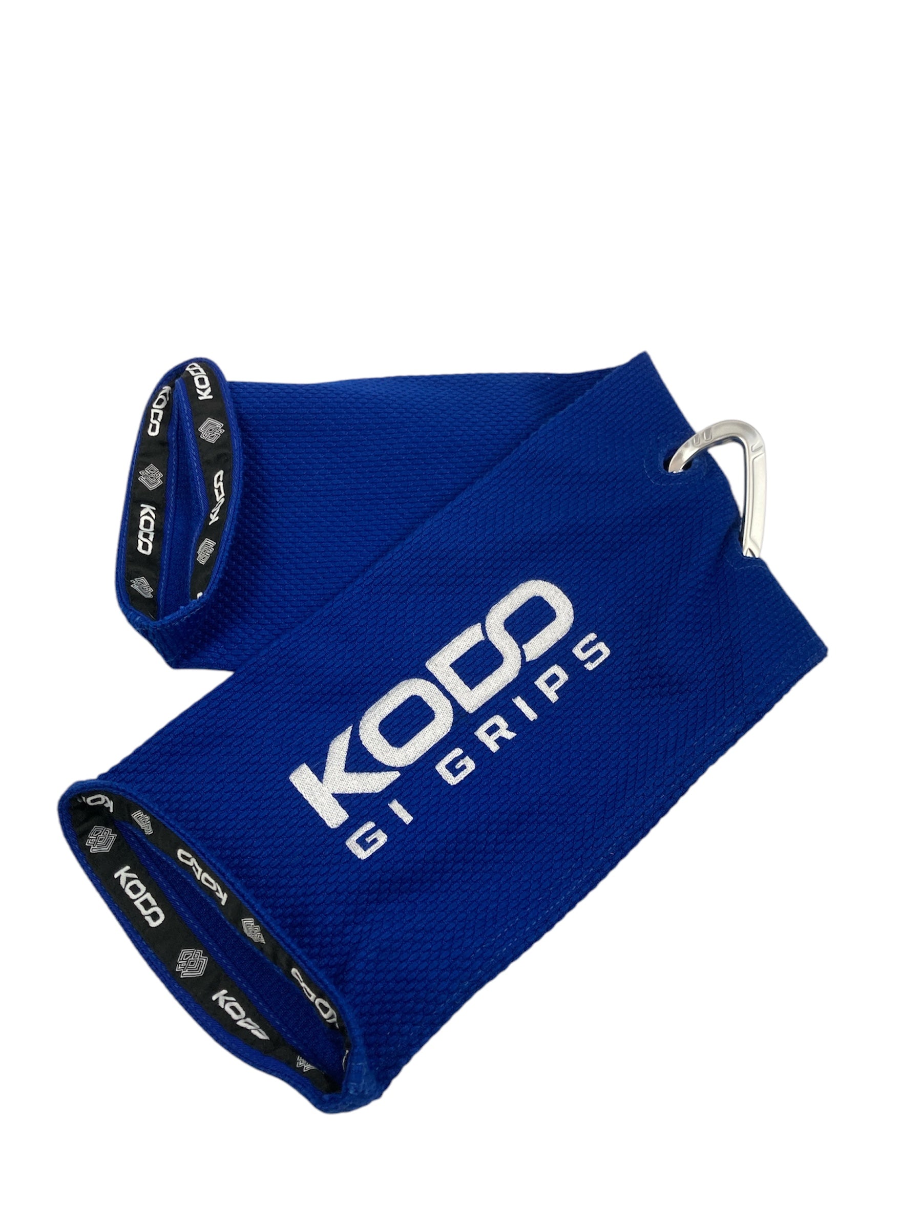 Blue Kodo Gi Grip with embroidered logo, featuring a custom aluminum carabiner attached to it used for martial arts such as BJJ and Judo and Grip Strength.