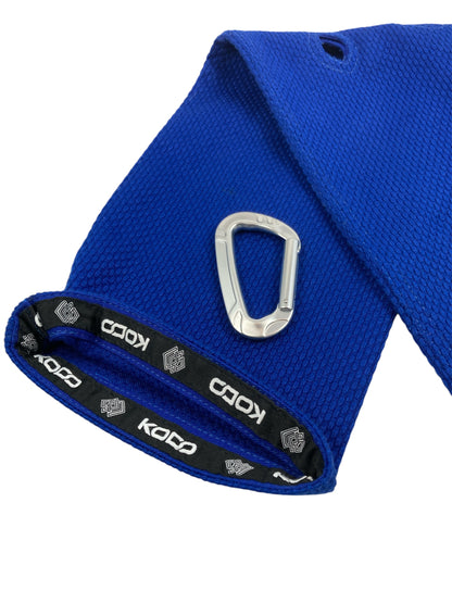 Blue Kodo Gi Grip with embroidered logo, featuring a custom aluminum carabiner attached to it used for martial arts such as BJJ and Judo and Grip Strength. 